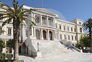 Syros capital of Cyclades Islands and the beautiful new Classic municipal building.