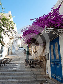 Syros island, Cyclades Greece. Cafe chairs tables at the end of stairs and bougainvillea. Vertical