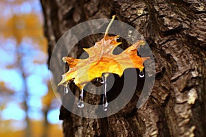 syrup dripping from a maple tree tap