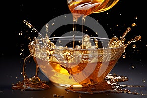 Syrup, honey, oil or caramel drizzles into the bowl, creating a lively splash against a dark background. For