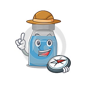 Syrup medicine mascot design style of explorer using a compass during the journey