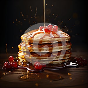 Syrupy Delight - Wholesome Pancakes with Cascading Maple Syrup and Fresh Red Currants - generative AI