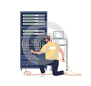 Sysadmin adjusting network and internet connection to computer. System administrator maintaining and repairing server photo