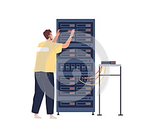 Sysadmin maintaining work of server cabinet, repairing and adjusting network connection. Engineer working with