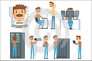 Sysadmin, network engineer characters, set of network diagnostics, users support and server maintenance cartoon vector