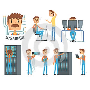 Sysadmin, network engineer characters, set of network diagnostics, users support and server maintenance cartoon vector