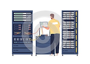 Sysadmin repairing and adjusting network connection. System administrator working with server rack cabinets and computer