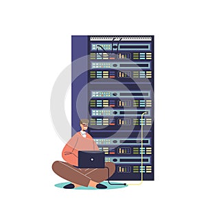 Sysadmin repairing and adjusting network connection. System administrator working with server rack