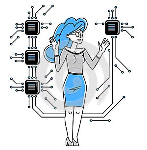 Sysadmin repairing hardware vector outline illustration, system administrator computer engineer working with circuit boards