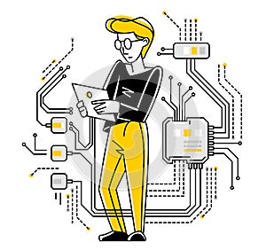 Sysadmin repairing hardware vector outline illustration, system administrator computer engineer working with circuit boards