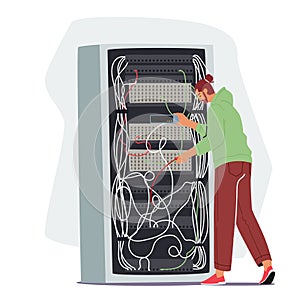 Sysadmin Servicing Server Racks. System Administrators Character Upkeeping, Administration, Configuration of Computer