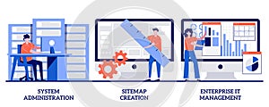 System administration, sitemap creation, enterprise it management concept with tiny people. Business organization abstract vector
