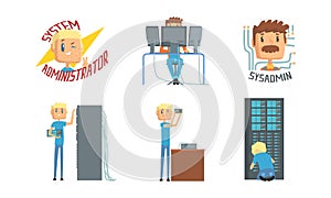 System administrator characters set. People adjusting network connection, working on computer and upkeeping server