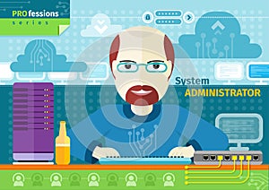 System administrator with computer in data centre