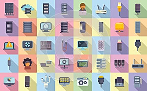 System administrator icons set flat vector. Server data