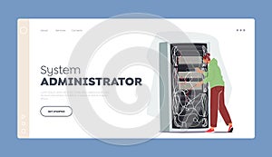 System Administrator Landing Page Template. Sysadmin Servicing Server Rack. Character Upkeeping, Administration, Testing