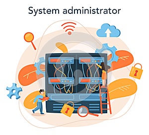 System administrator. People working on computer and doing