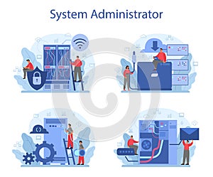 System administrator set. People working on computer and doing