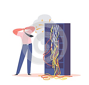 System Administrator or Sysadmin Character Servicing Server Racks with Short Circuit. Administration, Upkeeping Networks