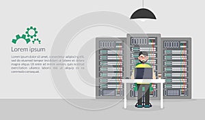 System Administrator. Vector illustration in flat style. Technologies Server Maintenance Support Descriptions.