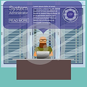 System administrator for work. IT administrator banners. Flat illustration. Network engineer administrator working with har