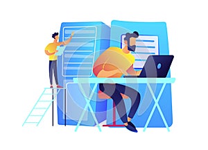 System administrator working on laptop and server racks vector illustration.