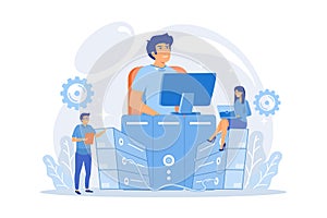 System administrators or sysadmins are servicing server racks. System administration, upkeeping, configuration of computer systems