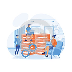 System administrators or sysadmins are servicing server racks.