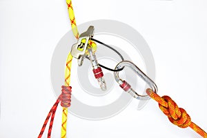 System classic dulfer using belay equipment ATC, isolated on white background. Sport equipment designed for self descent