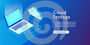 System of cloud storage, laptop uploading data, backup information isometric vector illustration photo