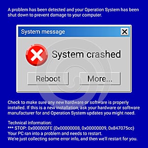 System crashed fatal error window on blue screen