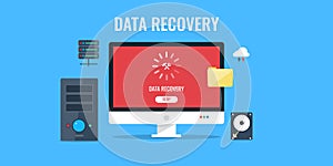 Data backup, data recovery and restoration and security process. Flat design vector banner.