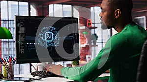 System engineer coding AI brain model of neural network for machine learning