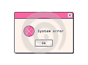 System error alert, notification. Dialog window with warning message, failure and OS problem information in retro 90s