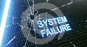 System Failure Message on Shattered Digital Screen with Binary Code and Data