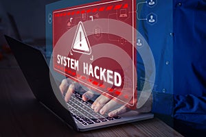 System hacked alert after cyber attack on computer network. Cybersecurity vulnerability, data breach, illegal connection,