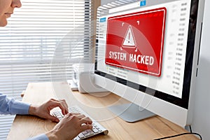 System hacked alert after cyber attack on computer network. Cybersecurity vulnerability, data breach, illegal connection,