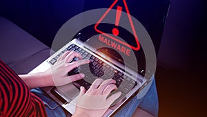 System hacked warning alert on Laptop, Cyber attack on computer network, Virus, Spyware, Malware or Malicious software, Cyber