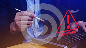 System hacked warning alert on Laptop, Cyber attack on computer network, Virus, Spyware, Malware or Malicious software, Cyber photo