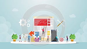 System integration information technology with engineer and server database maintenance with modern flat style - vector