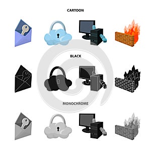 System, internet, connection, code .Hackers and hacking set collection icons in cartoon,black,monochrome style vector