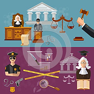 System of justice banner courtroom the defendant and the judge