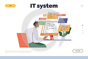 IT system landing page design template with man programmer or sysadmin working on computer