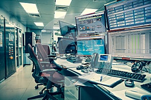 In the System Monitoring Room or control room Work on many monitor. Facility is Full of Screens Showing plant process photo