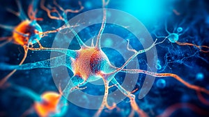 System neuron of brain with synapses and electrical activity. Generative AI