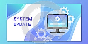 System software update and upgrade banner. Loading new software process on computer screen, vector illustration. Concept
