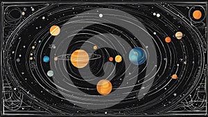 system in space __A mystical drawing of a solar system with the moon phases and the orbits of the planets.