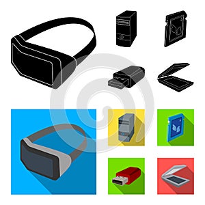 A system unit, a flash drive, a scanner and a SD card. Personal computer set collection icons in black, flat style