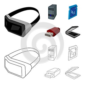 A system unit, a flash drive, a scanner and a SD card. Personal computer set collection icons in cartoon,outline style