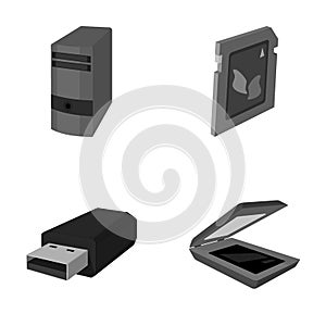 A system unit, a flash drive, a scanner and a SD card. Personal computer set collection icons in monochrome style vector